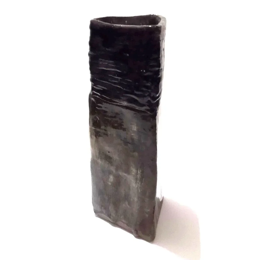 Vintage Glazed Triangular Studio Art Pottery Vase Handmade 10 Inch
